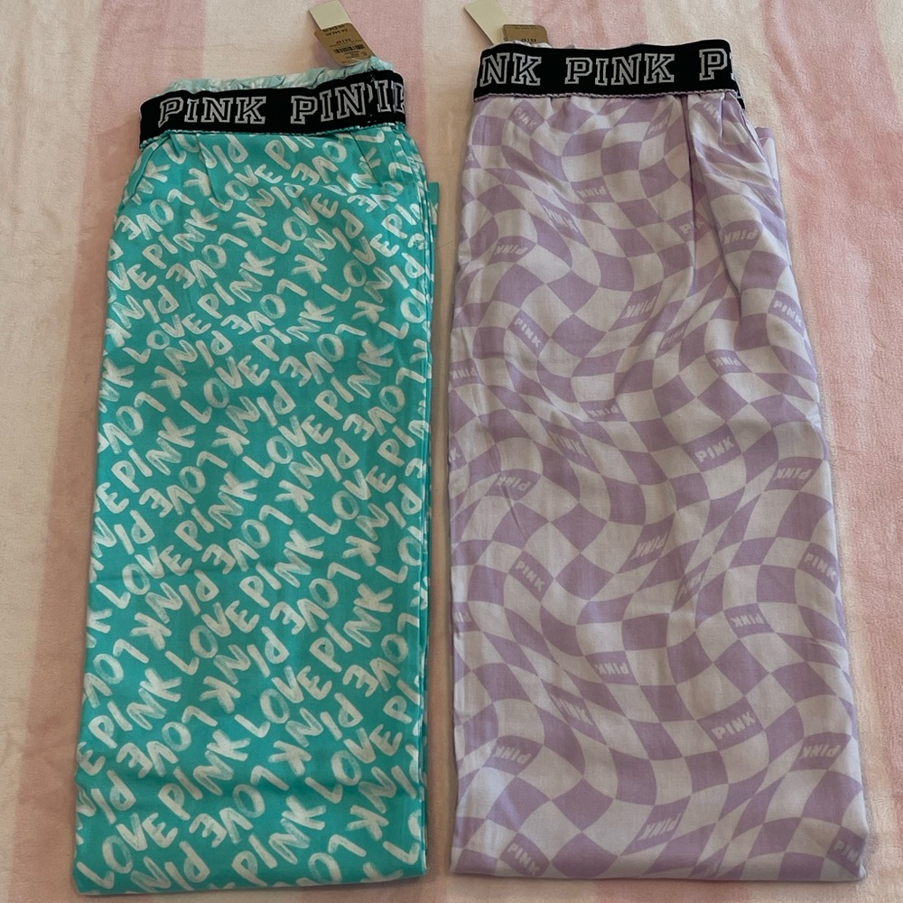 New X-Small VS PINK Flannel Pajama Pants with Logo Elastic waist set of 2